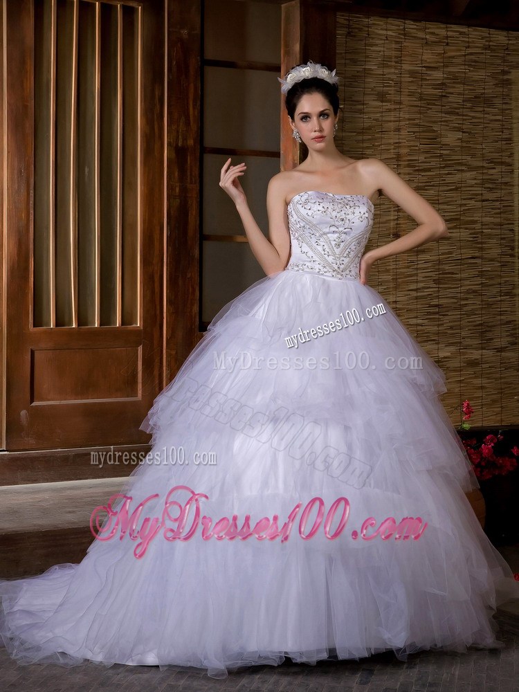 Embroidery and Diamond Ruffled Layers Court Train Wedding Dresses
