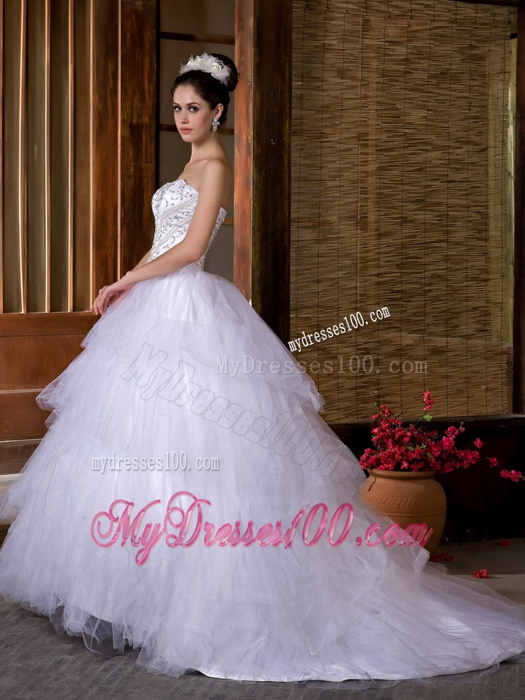 Embroidery and Diamond Ruffled Layers Court Train Wedding Dresses