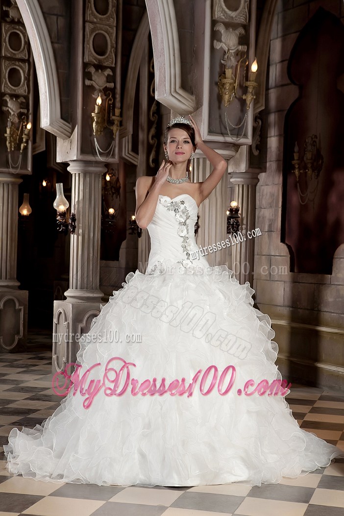 Flowers Ruching and Ruffles Decorated Sweep Train Wedding Dress For Woman
