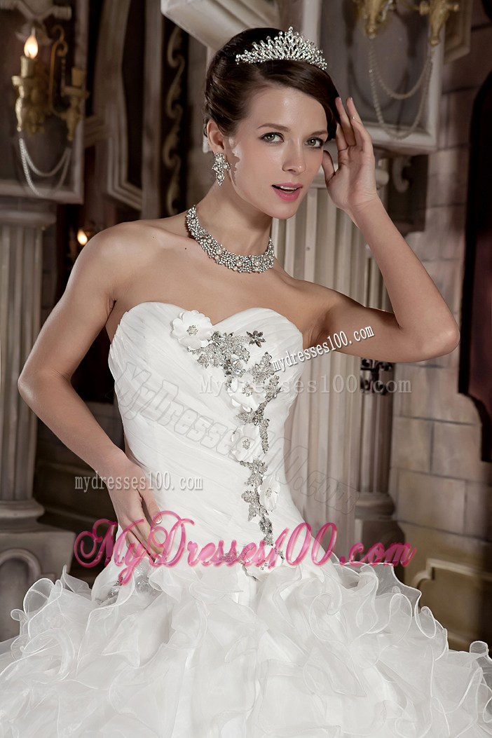 Flowers Ruching and Ruffles Decorated Sweep Train Wedding Dress For Woman