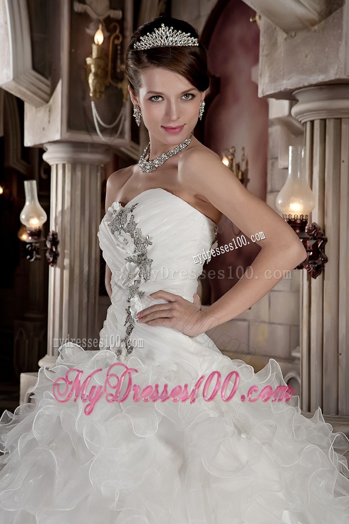 Flowers Ruching and Ruffles Decorated Sweep Train Wedding Dress For Woman