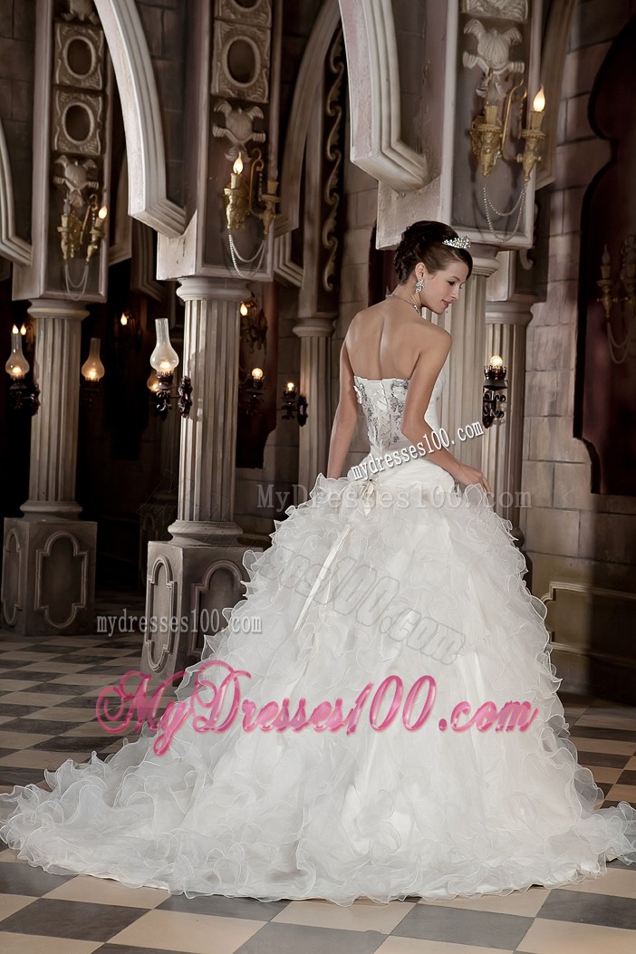 Flowers Ruching and Ruffles Decorated Sweep Train Wedding Dress For Woman