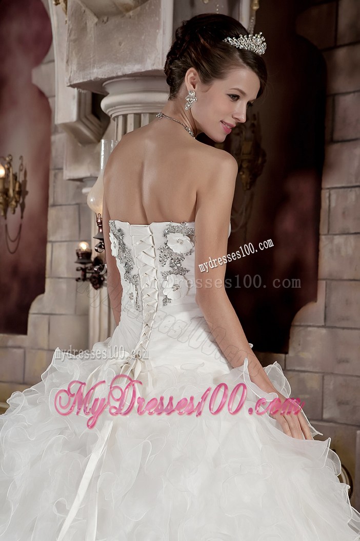 Flowers Ruching and Ruffles Decorated Sweep Train Wedding Dress For Woman