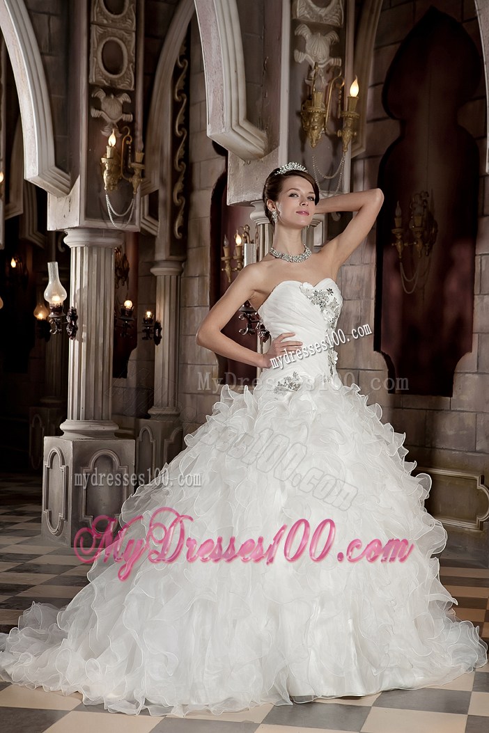 Flowers Ruching and Ruffles Decorated Sweep Train Wedding Dress For Woman