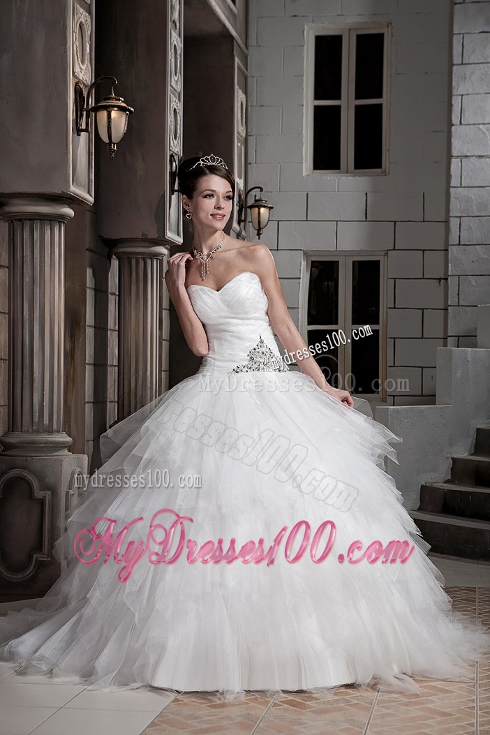 Sweetheart Ruffle-layers Beaded White Bridal Gown with Beading