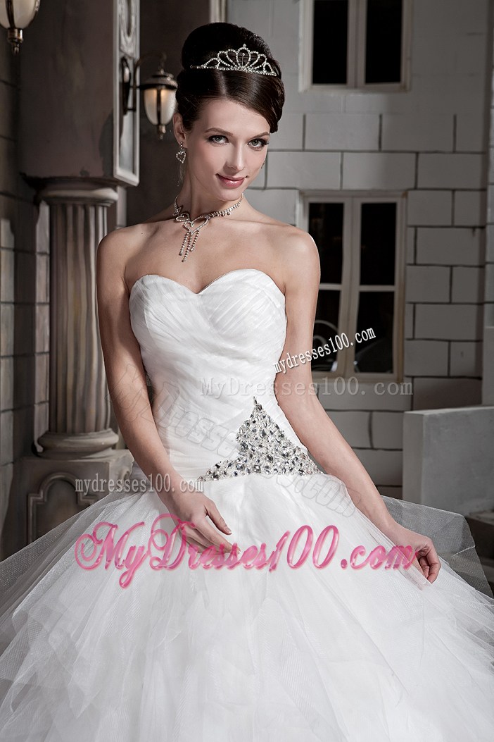 Sweetheart Ruffle-layers Beaded White Bridal Gown with Beading