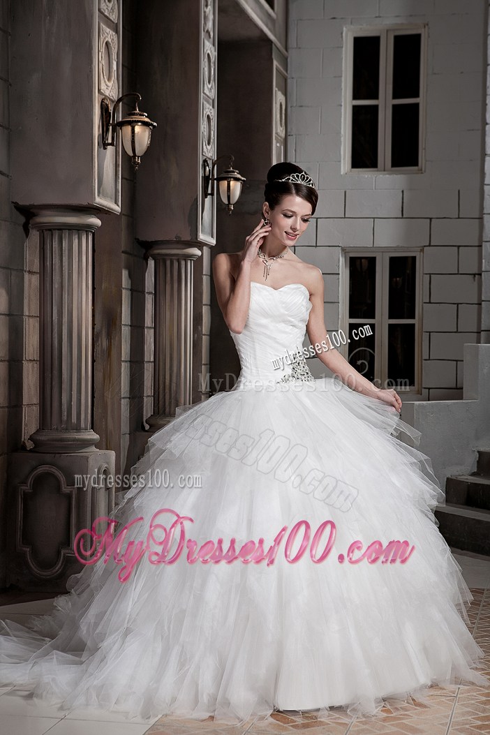 Sweetheart Ruffle-layers Beaded White Bridal Gown with Beading