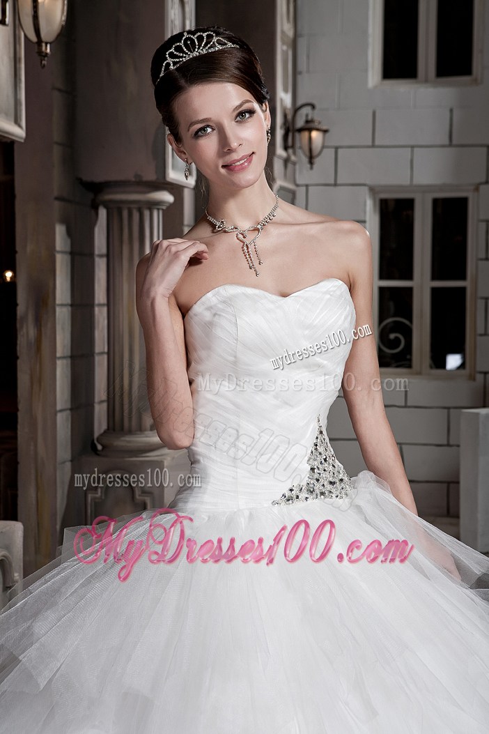 Sweetheart Ruffle-layers Beaded White Bridal Gown with Beading