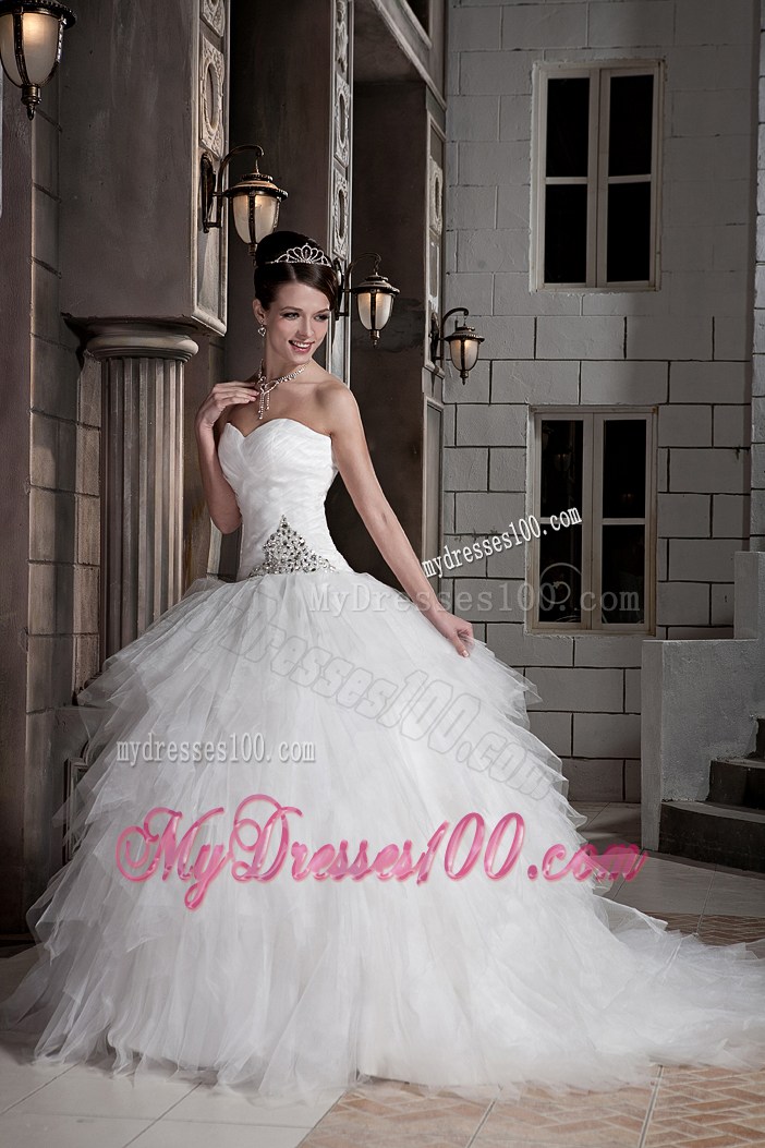 Sweetheart Ruffle-layers Beaded White Bridal Gown with Beading