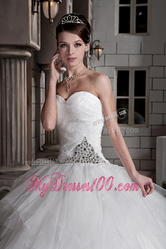 Sweetheart Ruffle-layers Beaded White Bridal Gown with Beading