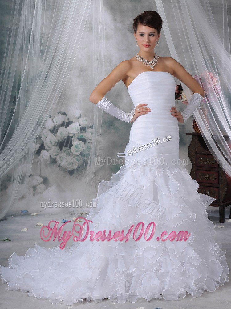 Court Train Strapless Mermaid Wedding Dresses with Ruches and Ruffles