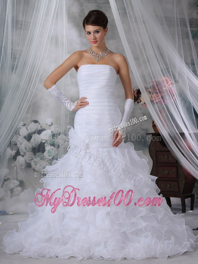 Court Train Strapless Mermaid Wedding Dresses with Ruches and Ruffles