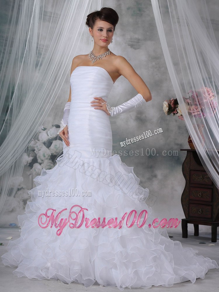 Court Train Strapless Mermaid Wedding Dresses with Ruches and Ruffles
