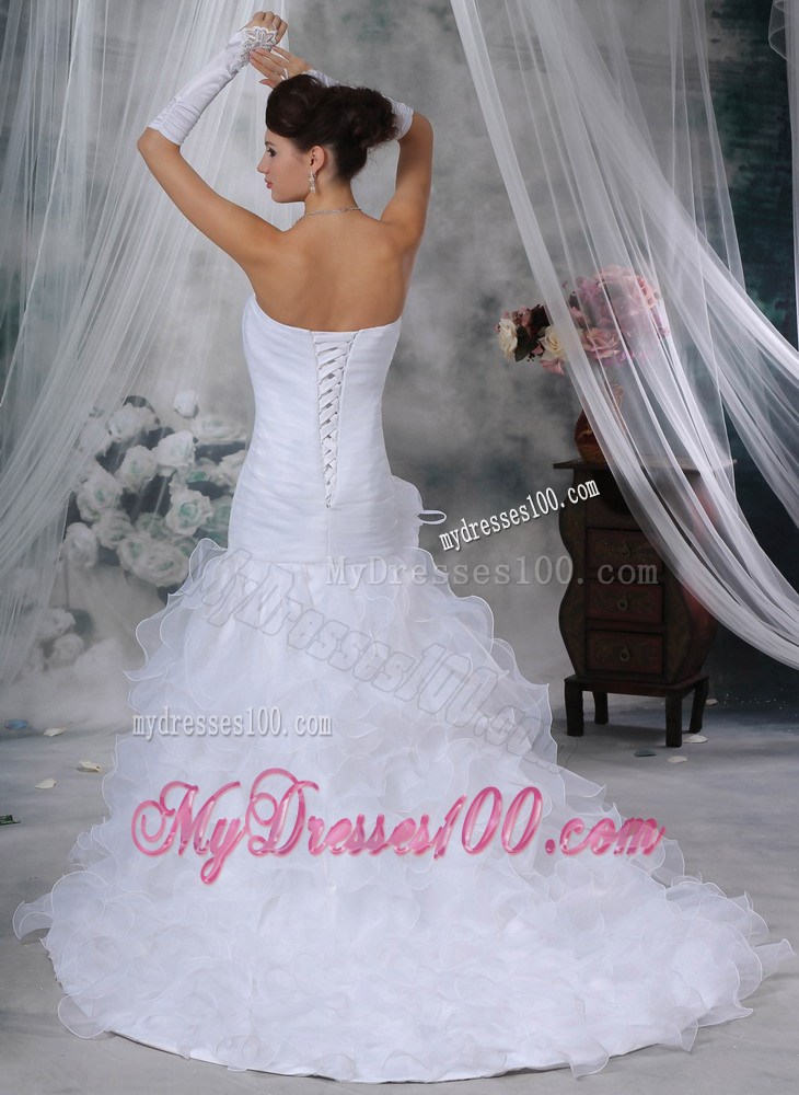 Court Train Strapless Mermaid Wedding Dresses with Ruches and Ruffles