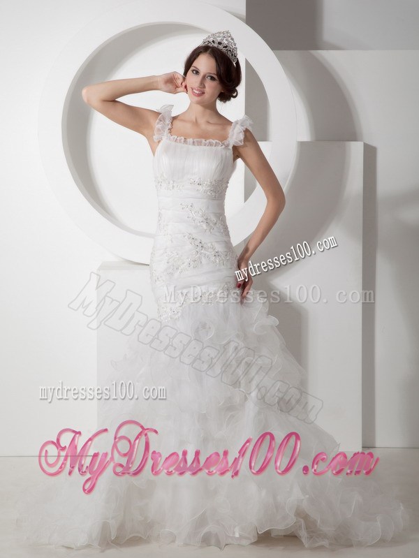 Ruffled Straps Brush Train Bridal Gowns with Beaded Appliques and Ruffled Layers