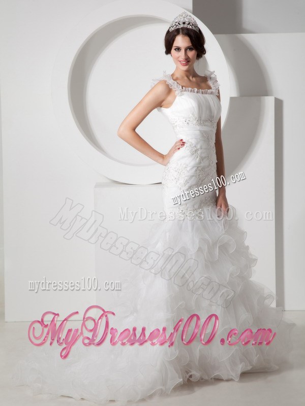 Ruffled Straps Brush Train Bridal Gowns with Beaded Appliques and Ruffled Layers