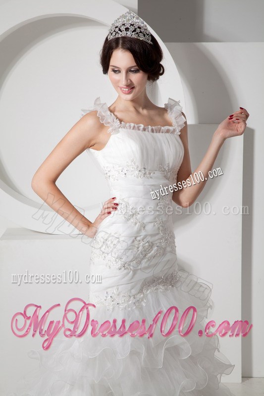 Ruffled Straps Brush Train Bridal Gowns with Beaded Appliques and Ruffled Layers