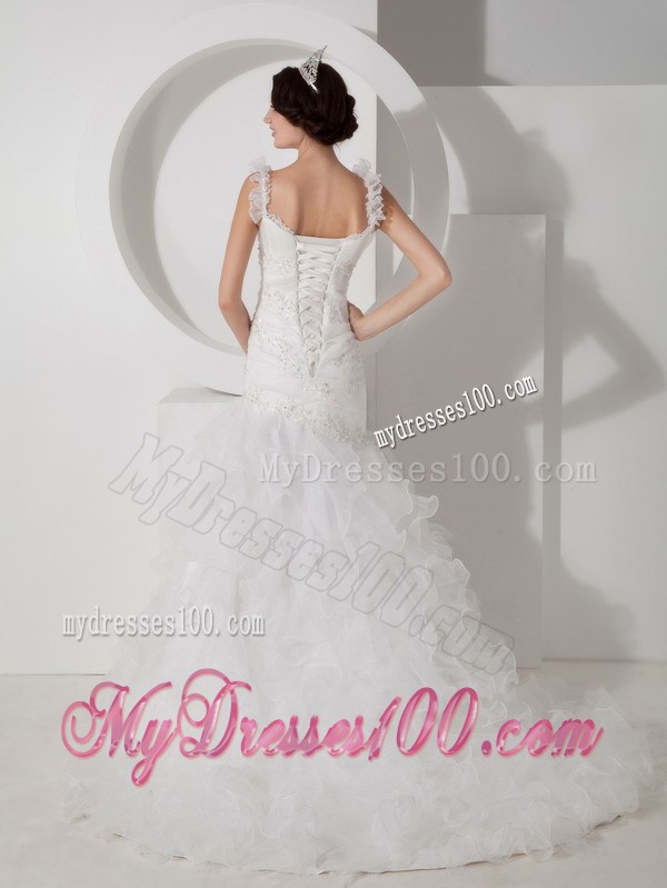 Ruffled Straps Brush Train Bridal Gowns with Beaded Appliques and Ruffled Layers