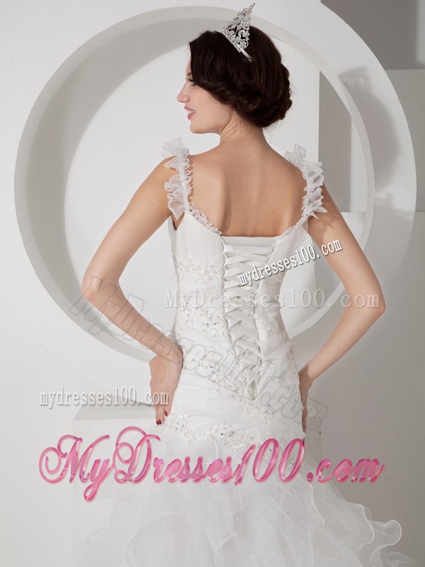 Ruffled Straps Brush Train Bridal Gowns with Beaded Appliques and Ruffled Layers