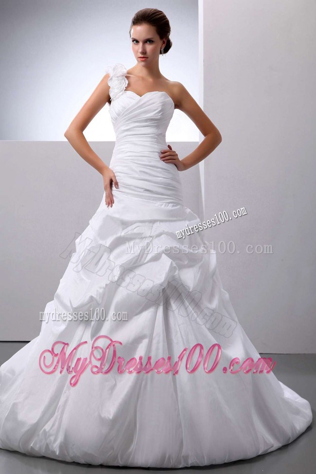 Hand Made Flowers Single Shoulder Ruching Dresses for Wedding with Court Train