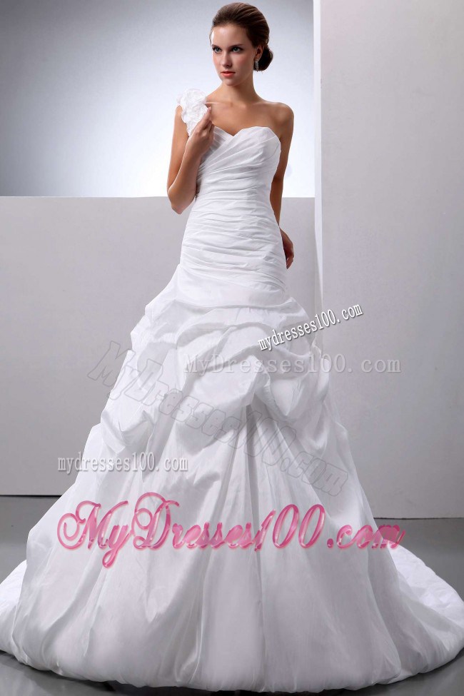 Hand Made Flowers Single Shoulder Ruching Dresses for Wedding with Court Train
