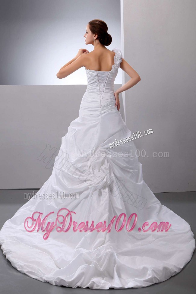 Hand Made Flowers Single Shoulder Ruching Dresses for Wedding with Court Train