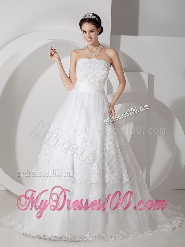 Ivory A-line Strapless Lace Dresses for Wedding with Brush Train