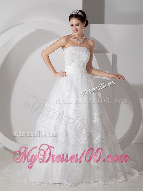 Ivory A-line Strapless Lace Dresses for Wedding with Brush Train