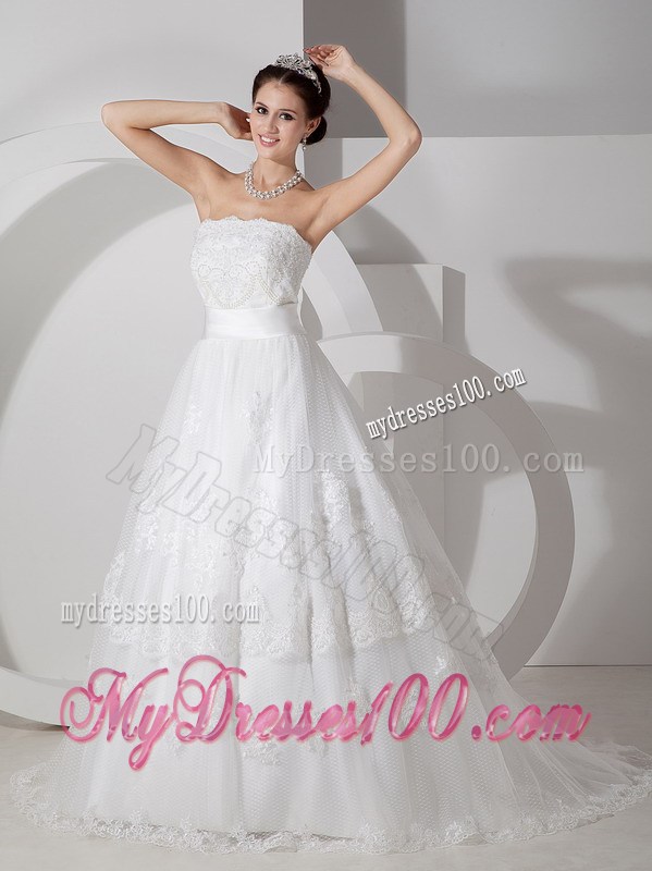 Ivory A-line Strapless Lace Dresses for Wedding with Brush Train