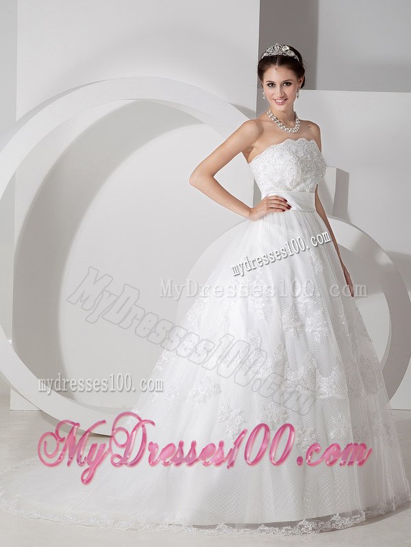 Ivory A-line Strapless Lace Dresses for Wedding with Brush Train