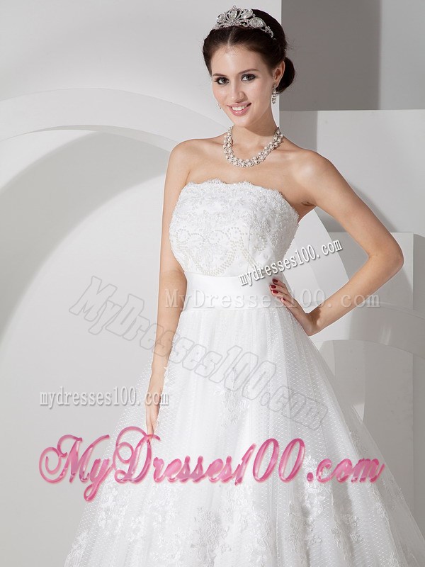 Ivory A-line Strapless Lace Dresses for Wedding with Brush Train