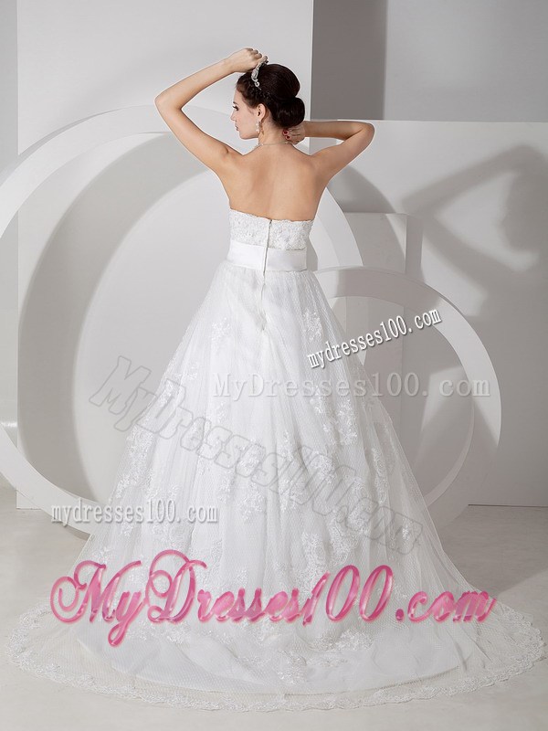 Ivory A-line Strapless Lace Dresses for Wedding with Brush Train