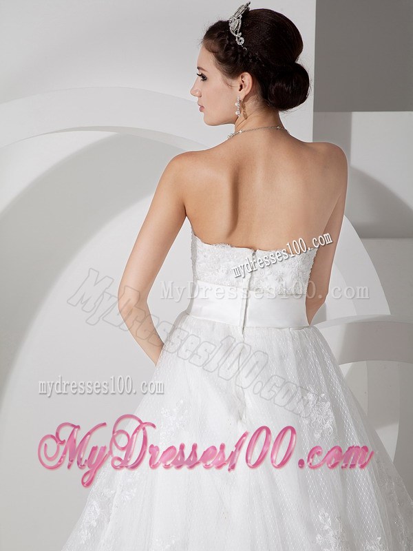 Ivory A-line Strapless Lace Dresses for Wedding with Brush Train