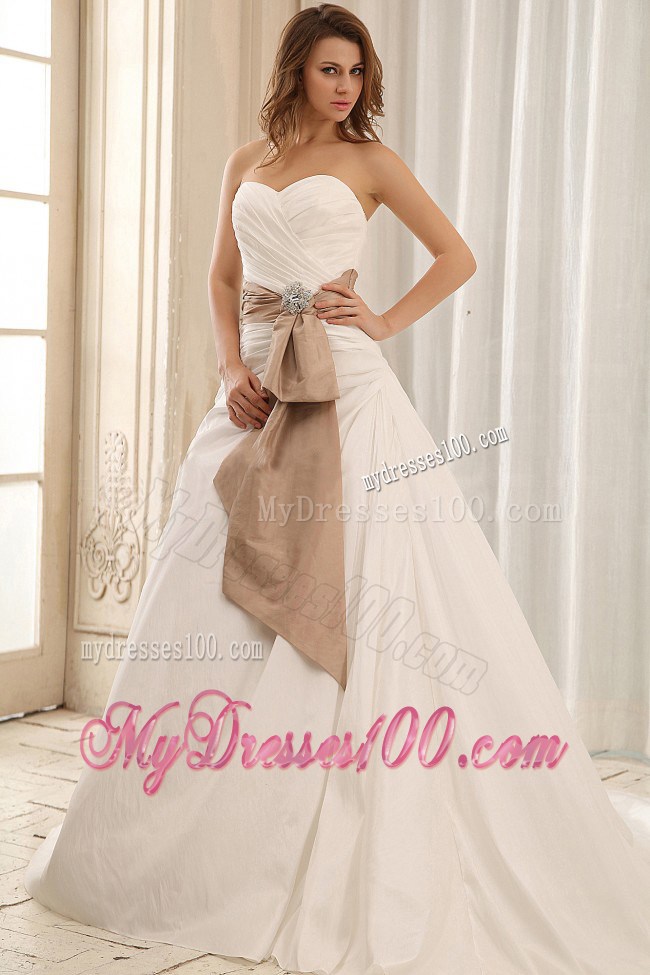 White Court Train Bridal Gowns with Brown Beaded Half Bow Accents Sash