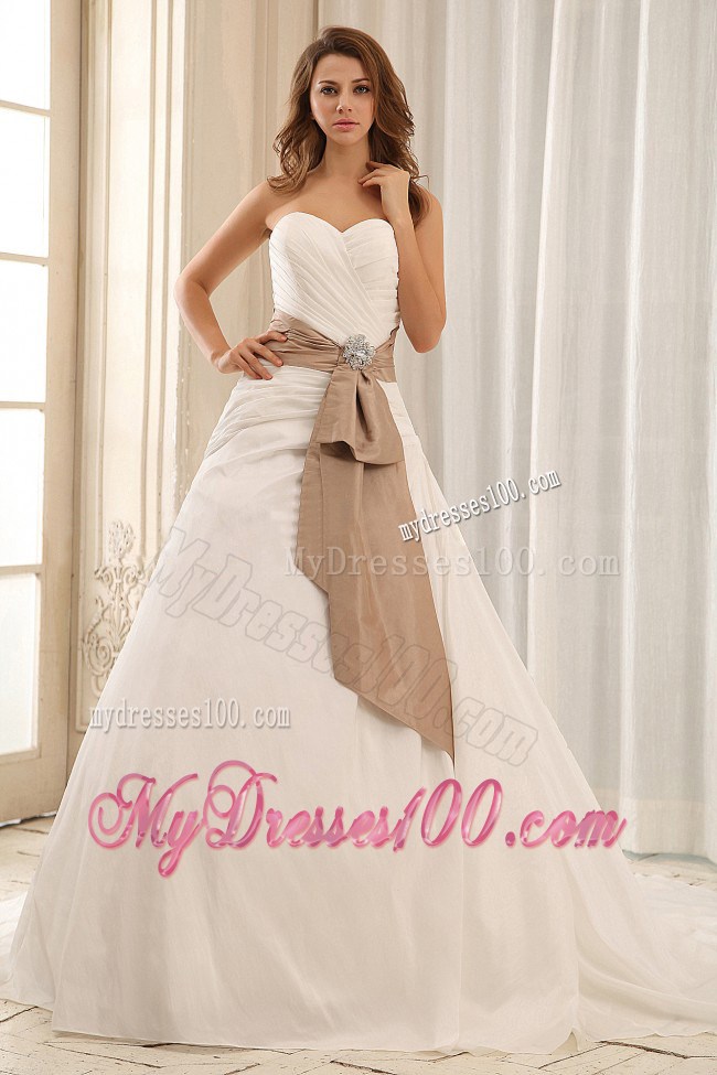 White Court Train Bridal Gowns with Brown Beaded Half Bow Accents Sash