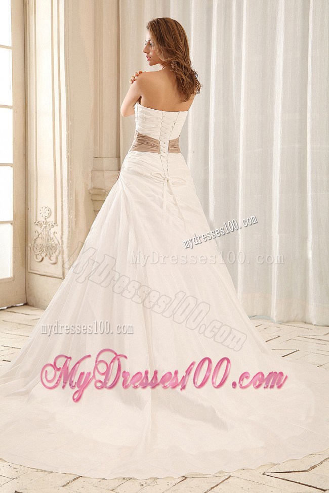 White Court Train Bridal Gowns with Brown Beaded Half Bow Accents Sash