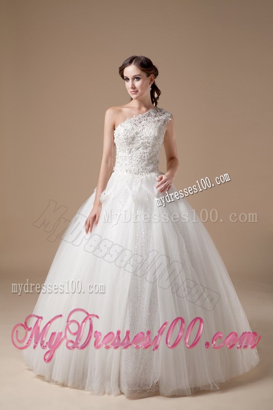 one Shoulder Satin and Tulle Floor-length Wedding Gown with Appliques