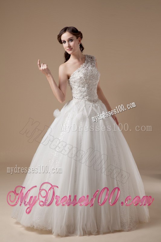 one Shoulder Satin and Tulle Floor-length Wedding Gown with Appliques