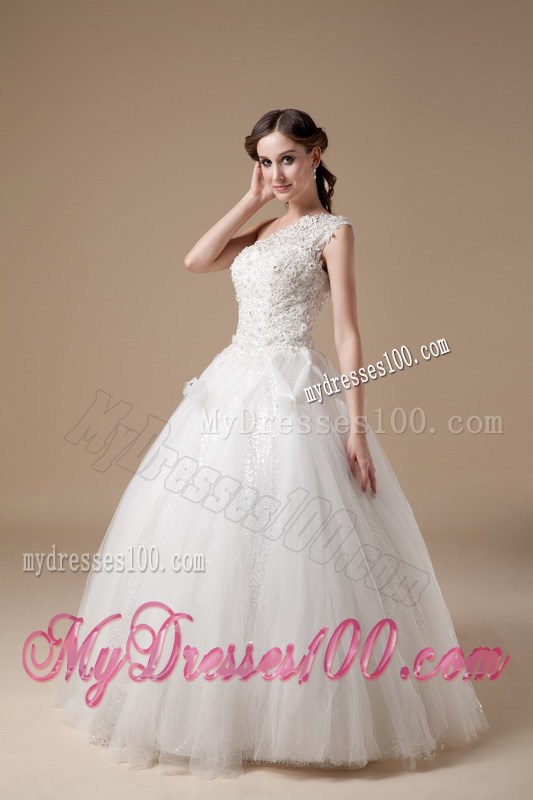one Shoulder Satin and Tulle Floor-length Wedding Gown with Appliques