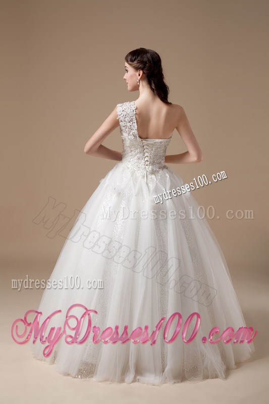 one Shoulder Satin and Tulle Floor-length Wedding Gown with Appliques