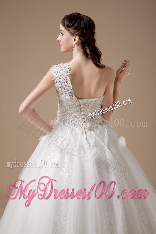 one Shoulder Satin and Tulle Floor-length Wedding Gown with Appliques
