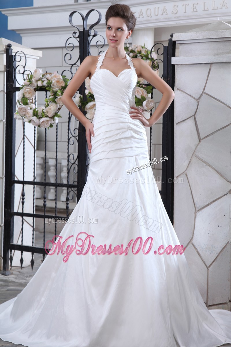 Beade Flower Halert Top Ruched Mermaid Wedding Gowns with Brush Train