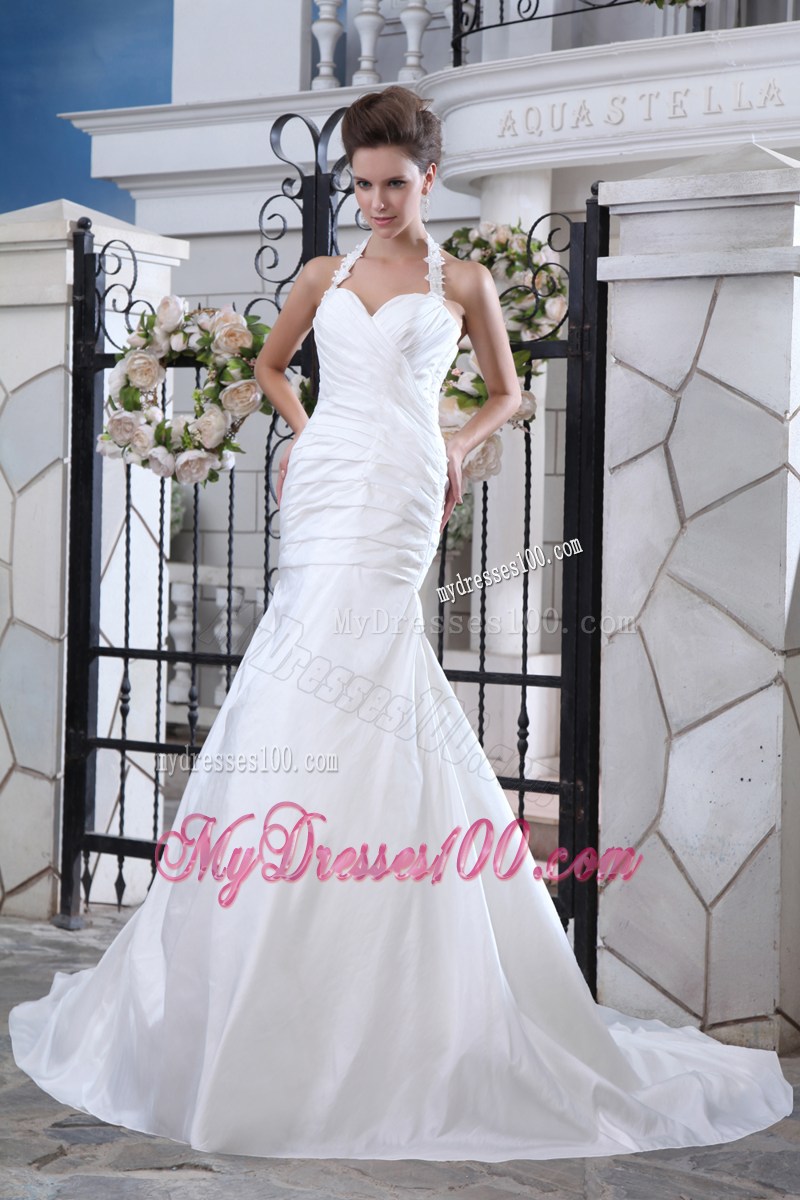 Beade Flower Halert Top Ruched Mermaid Wedding Gowns with Brush Train
