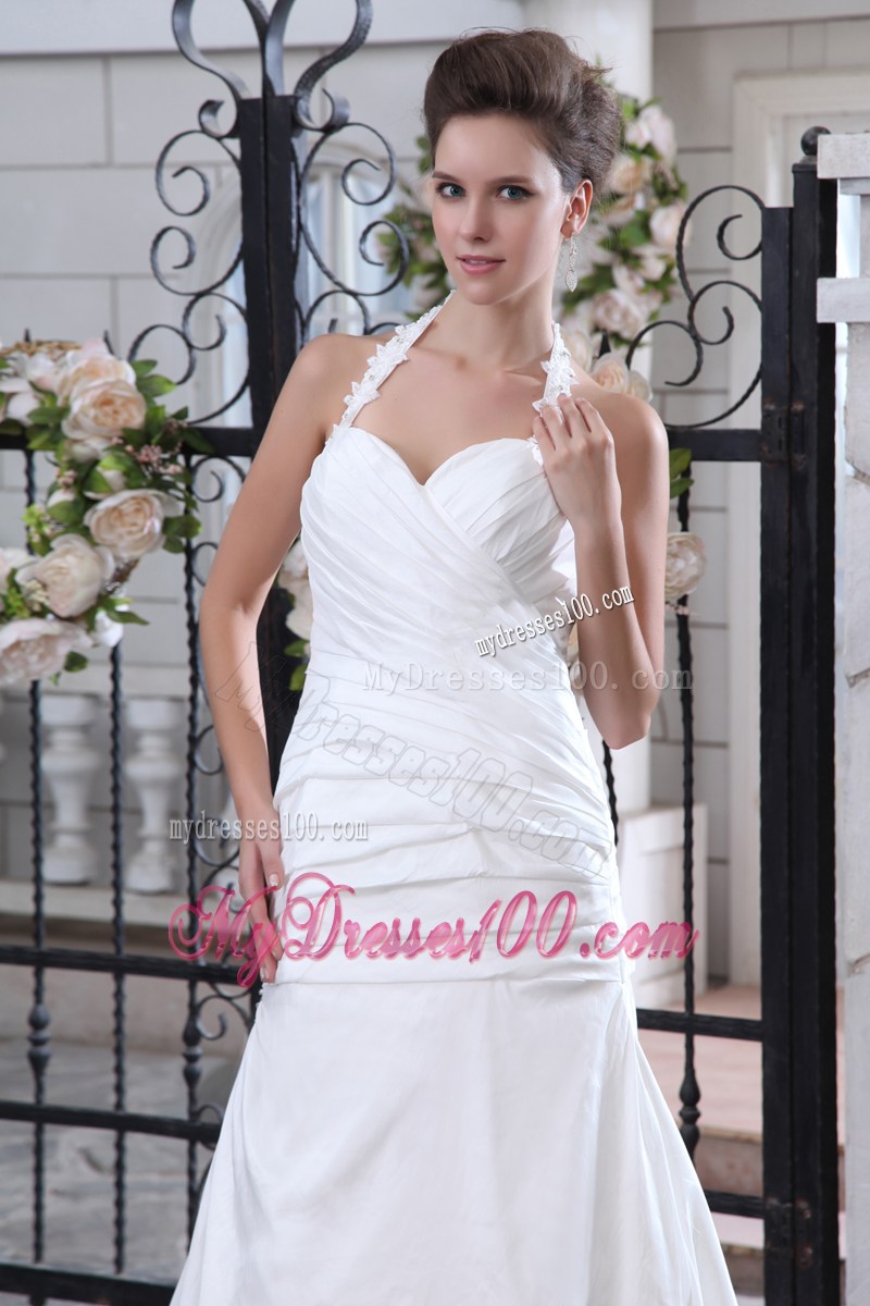 Beade Flower Halert Top Ruched Mermaid Wedding Gowns with Brush Train