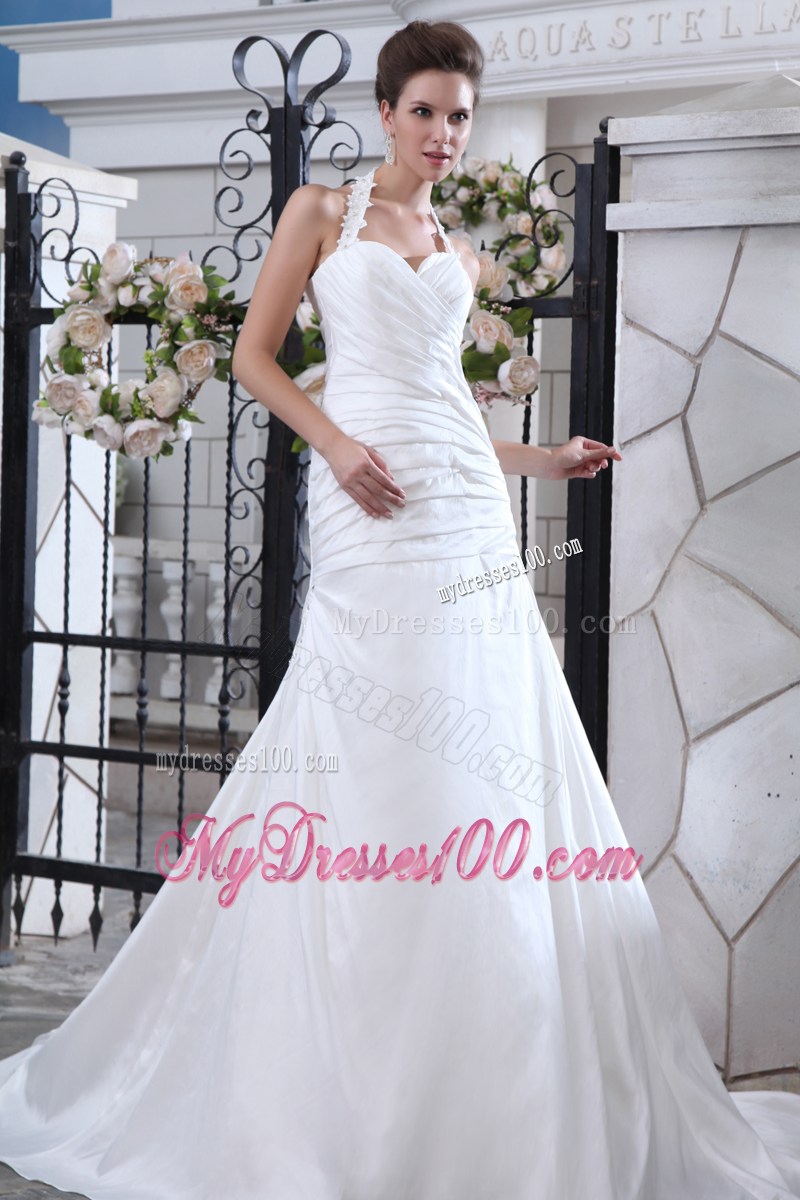 Beade Flower Halert Top Ruched Mermaid Wedding Gowns with Brush Train
