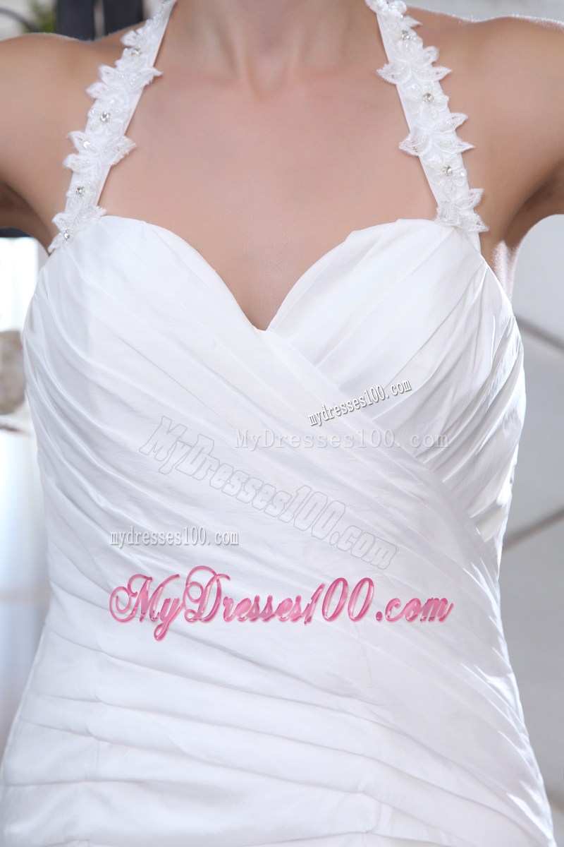 Beade Flower Halert Top Ruched Mermaid Wedding Gowns with Brush Train