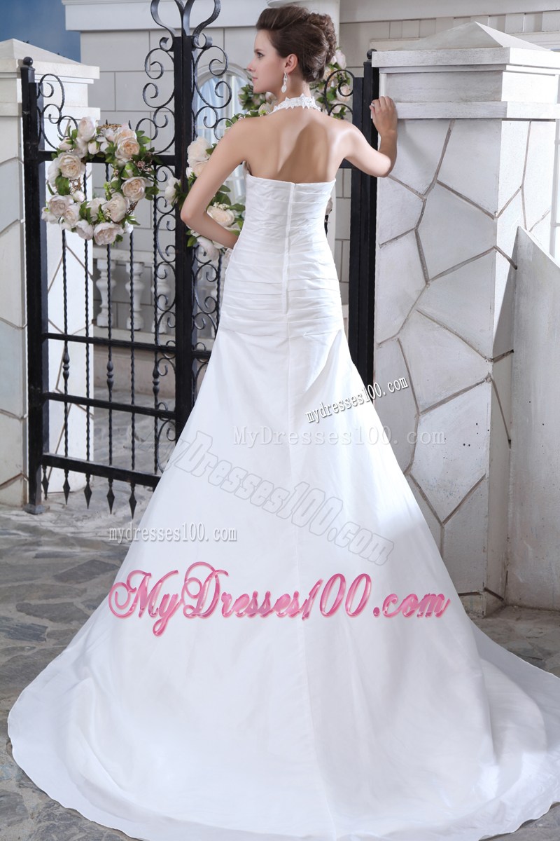 Beade Flower Halert Top Ruched Mermaid Wedding Gowns with Brush Train