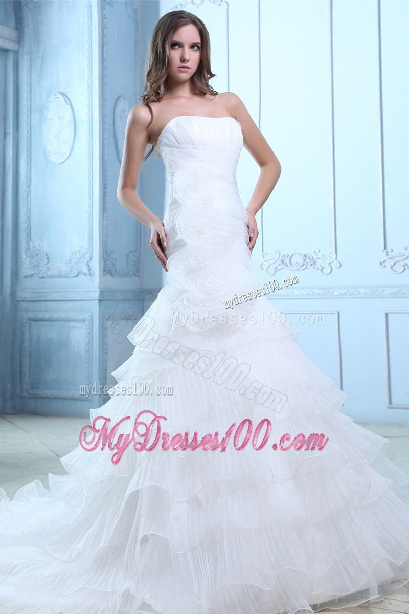 Handle Flowers and Ruche Decorated Ruffled Dresses for Brides with Court Train