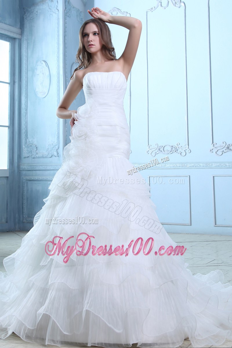Handle Flowers and Ruche Decorated Ruffled Dresses for Brides with Court Train