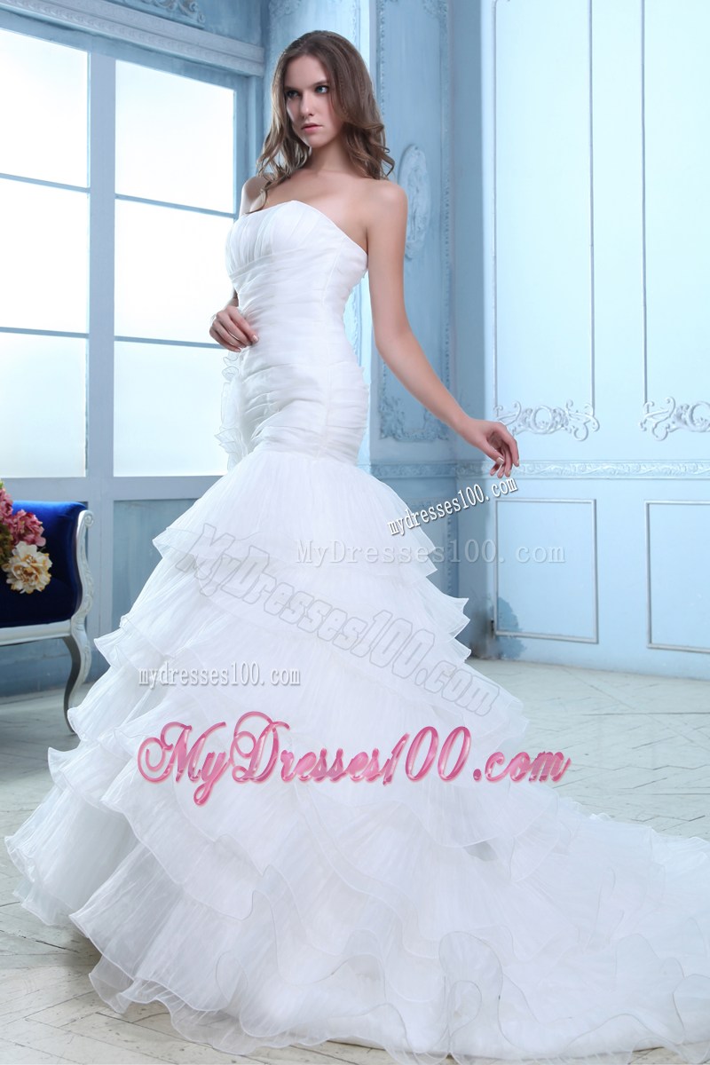 Handle Flowers and Ruche Decorated Ruffled Dresses for Brides with Court Train